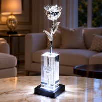 Illuminated 8" Silver Rose in 5" Cut Crystal Vase